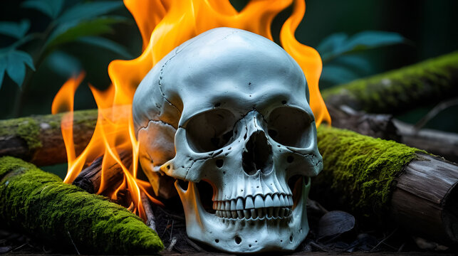 Still life photography, skull on Flame Of The Forest at bottom o