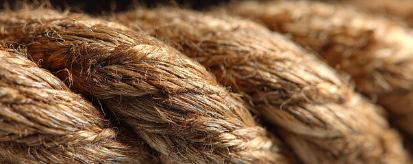 Fototapeta premium Close-up view of natural fiber rope showcasing intricate details and texture in well-lit setting