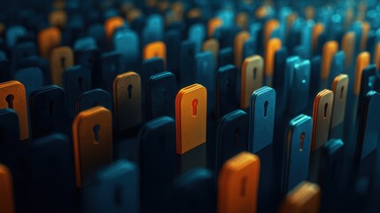 Obraz premium Floating layered passwords and shields, amber and dark blue, privacy walls concept