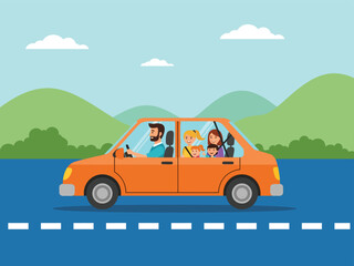 A father drives his family, including a mother and two kids, in an orange car on a scenic road trip.