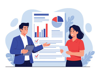 Business professionals collaborating and analyzing data from charts and graphs during a meeting.