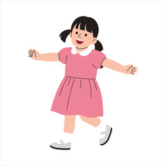 An adorable little girl with a cheerful expression and open arms, wearing a pink dress.