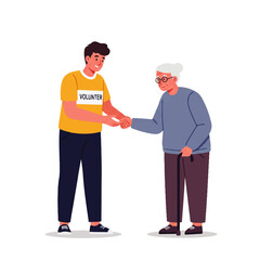 An illustration of a young man and an old man shaking hands, symbolizing a friendly and supportive connection.