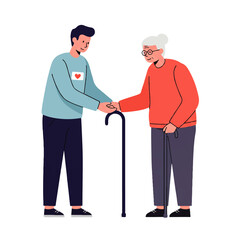 An illustration of a young man with a walking stick, helping an elderly man in a gesture of friendship.