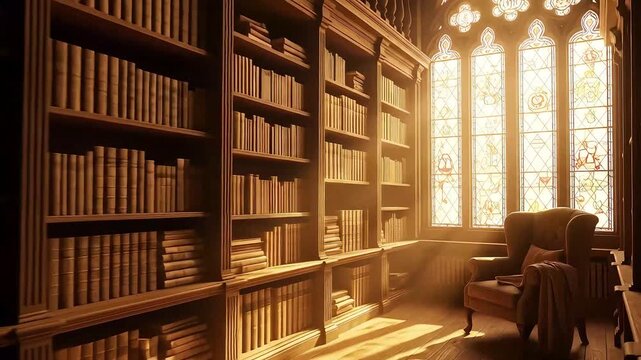 A sun-drenched, antique library room featuring towering wooden bookshelves filled with old books, an ornate window, and a cozy armchair bathed in golden light.