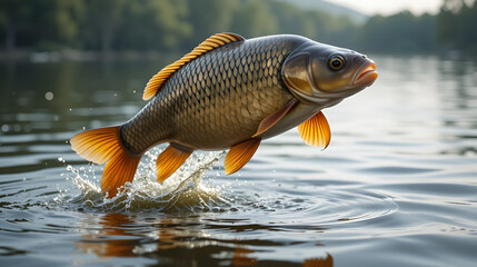 A carp fish jumps over the water, original captured photo