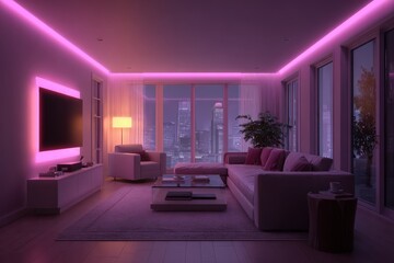 Home automation with virtual interface, clean ivory with vivid magenta, cozy tech life 