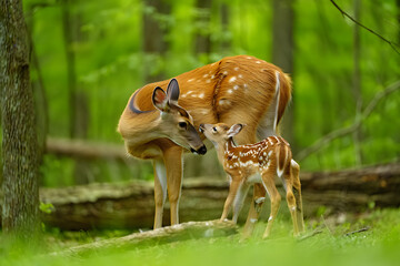 Mother and fawn deer nuzzle in lush green forest baby animal