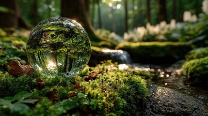 Glass globe on green grass in a forest with sunlight, symbolizing environmental care and Earth conservation