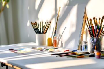 simple creative station with art supplies arranged neatly, white tabletop, sunbeam
