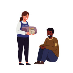 An illustration of a volunteer giving a donation box to a man in need.