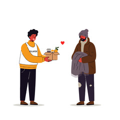 An illustration of two male volunteers giving a donation to a person in need, representing social assistance.