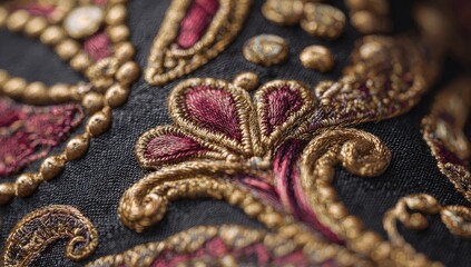 Fototapeta premium Intricate gold and burgundy embroidery on dark fabric, showcasing detailed floral and paisley patterns, accented with pearl-like beads
