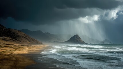 Dramatic coastal scene under a stormy sky. Sunlight pierces through dark clouds, illuminating waves crashing on a sandy beach. Mountains rise in the background
