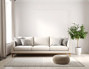 Fototapeta premium Minimalist living room with off-white sofa, rug, and potted plant