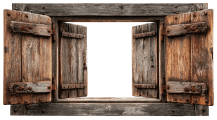 Aged wooden shutters open wide