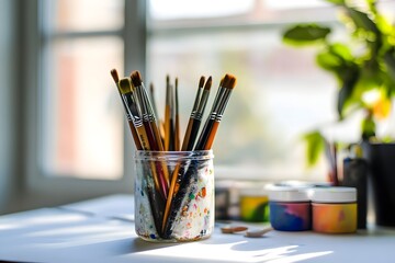 simple creative station with art supplies arranged neatly, white tabletop, sunbeam
