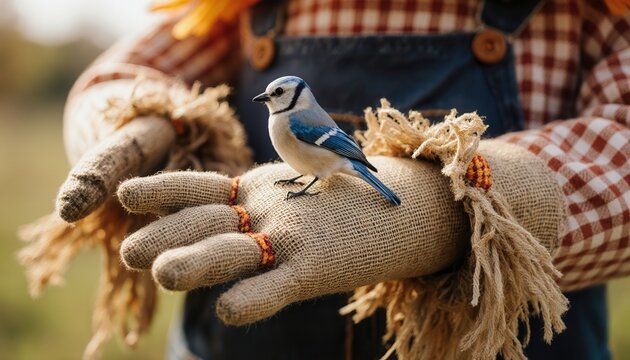 Scarecrow with blue jay perched on its hand in autumn landscape   - Powered by Adobe