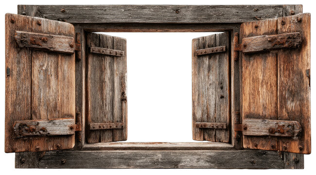 Aged wooden shutters open wide