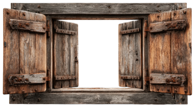 Aged wooden shutters open wide