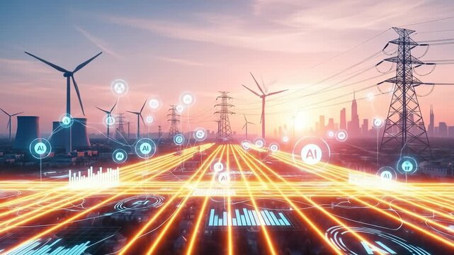 Futuristic smart city energy grid with wind turbine, power line, AI technology, digital interface sunrise and sunset, representing innovation, sustainability, and urban infrastructure transformation