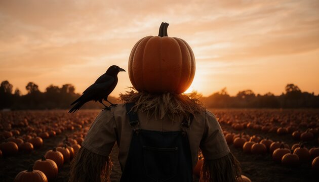 Scarecrow with pumpkin head and crow against sunset on pumpkin field  
