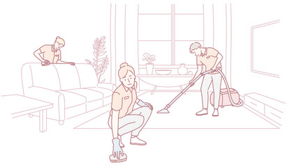 A dedicated group of skilled professional cleaners diligently maintaining a tidy, contemporary living space