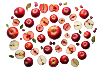 Fresh Red Apples and Halves with Green Leaves Arranged in Circular Pattern Isolated on Transparent Background