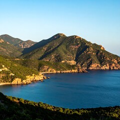 Coastal mountain range meets tranquil bay, sunlit slopes and dark blue water