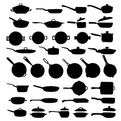 graphic icons of various cookware, including pots, pans, and lids. pan vectors set and icon