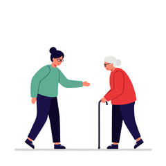 An illustration of a young woman shaking hands with an elderly man with a walking stick, showing a helpful gesture.