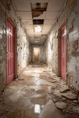 Abandoned hallway with peeling paint, broken floor, and pink doors