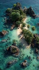 Tranquil island paradise.  Aerial view of a secluded island with a sandy beach and lush vegetation.  Ocean water surrounds the rocky outcrop