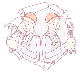 Two construction workers hold tools firmly, symbolizing teamwork and skilled craftsmanship in their work