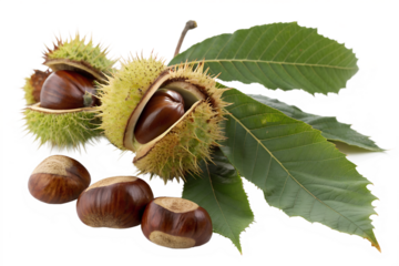 A cluster of four fresh horse chestnuts with their spiky shells cracked open, revealing the glossy brown conkers, isolated on a clean white background.