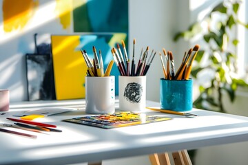 simple creative station with art supplies arranged neatly, white tabletop, sunbeam
