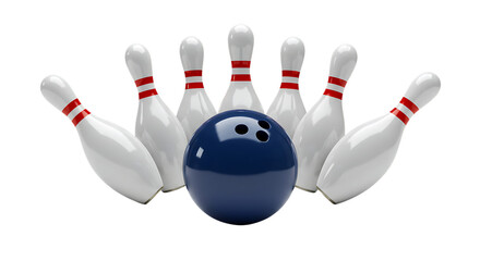 Bowling ball and pins arranged for a strike isolated on transparent background