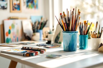 simple creative station with art supplies arranged neatly, white tabletop, sunbeam
