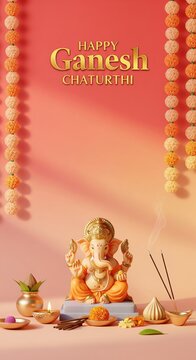 Happy Ganesh Chaturthi 2025 minimalistic poster with festive themed elements