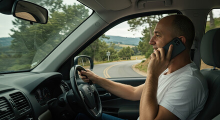 young men driving a car and using mobile 