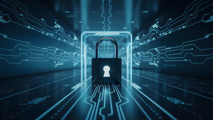 Secure your digital world with this advanced cybersecurity concept featuring a locked padlock amidst glowing circuit board pathways and binary code