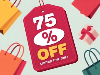 Promotional Image Featuring a 75 Percent Off Tag Surrounded by Colorful Shopping Bags and a Gift Box, Limited Time Only