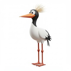 Obraz premium 3D cartoon stork toy with simple white and black feather design and orange beak isolated on white