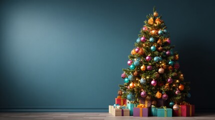 Christmas tree with colorful baubles, gifts, copy space, navy wall
