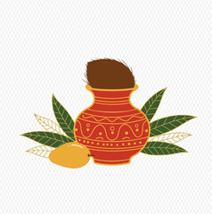 A decorative red Kalash pot with a coconut, mango leaves, and a ripe mango, a symbol of Hindu festivals and ceremonies.