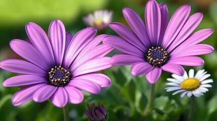 Fototapeta premium Symmetrical purple opulent petals with pink flowers, daisies, and green leaves background featuring blurred black bee in outdoor sunlight. Minimalist vector illustration for wallpaper designs, nature-