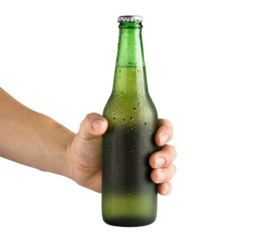Hand Holding Green Beer Bottle: An inviting hand grasps a cold, condensation-covered green glass bottle. This photorealistic image is a perfect visual metaphor for refreshment.