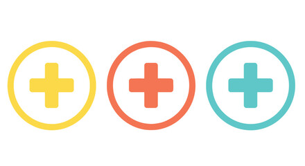 Fototapeta premium Three colorful plus signs inside circles on a white background