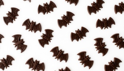 Fototapeta premium Chocolate bat-shaped candies scattered on a white background for Halloween 