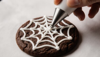 Hand decorating cookie with spider web icing for Halloween  